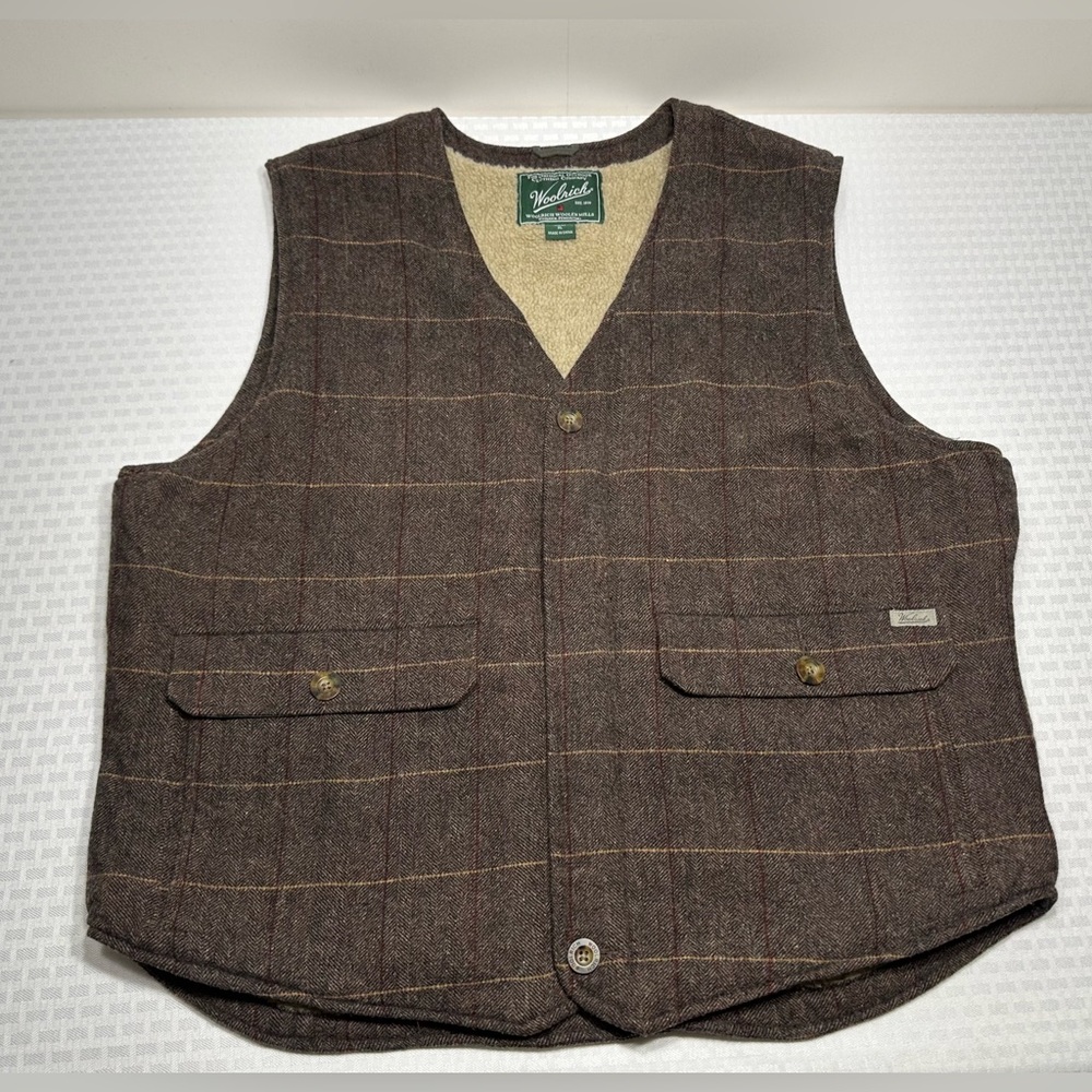 Woolrich Men's XL Wood Herringbone Check Wool Full Zip Fleece Lined Outdoor Vest